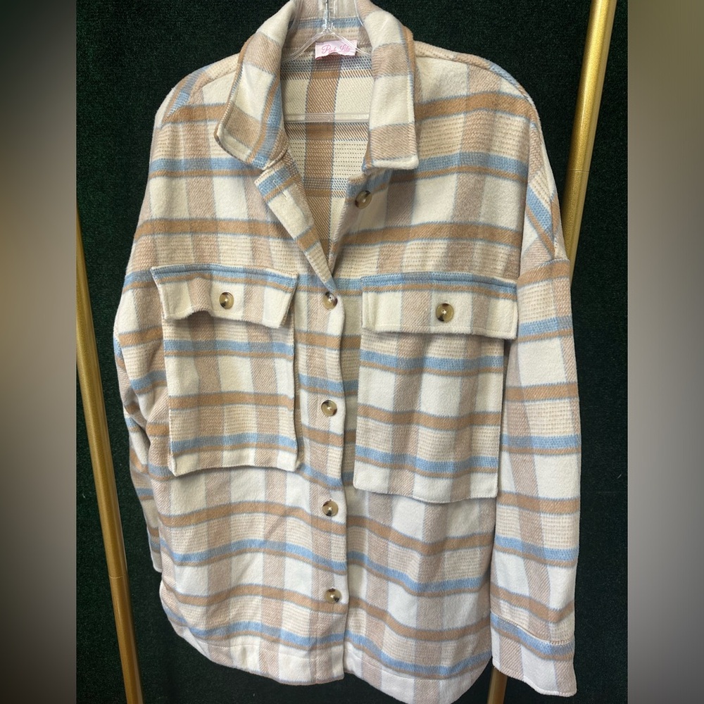 Pink lily , brown blue and cream plaid oversized shacket , L fits like XL
